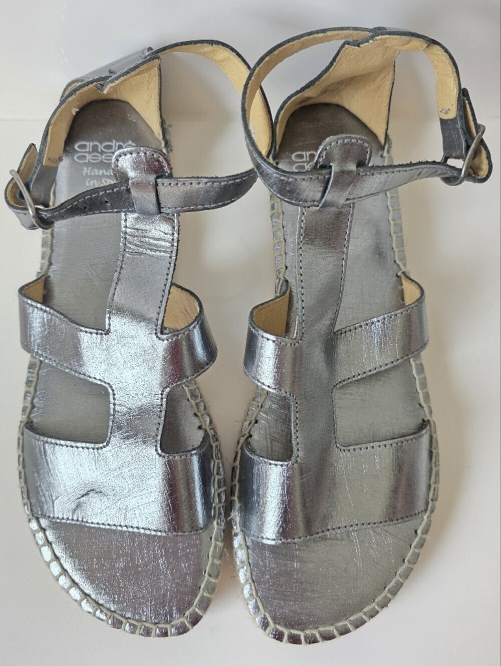 Andre Assous Metallic Silver Leather Gladiator Sandals Size 38 Spain - Picture 1 of 4